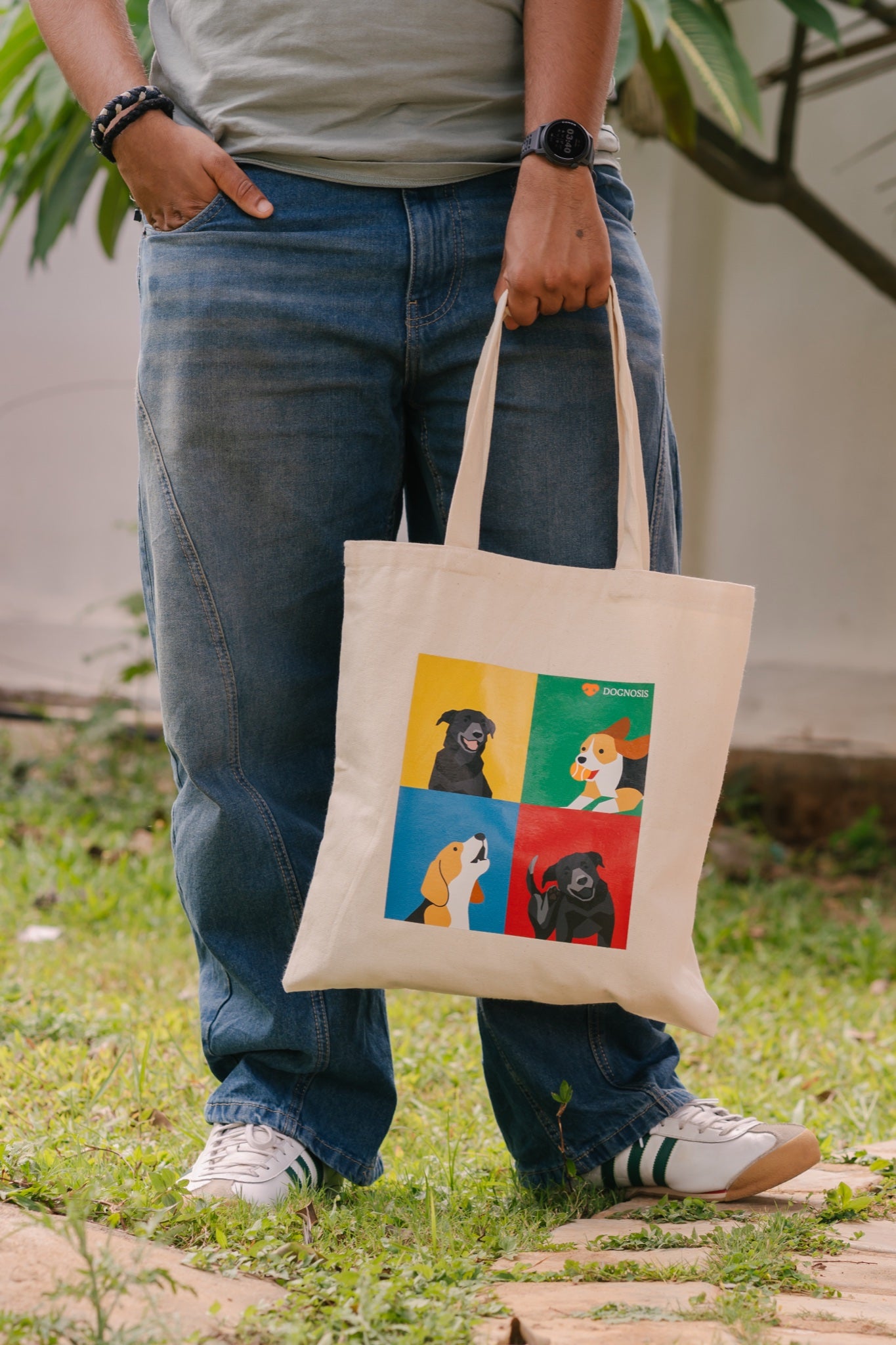 Natural canvas tote bag with four-panel pop-art dog portrait print