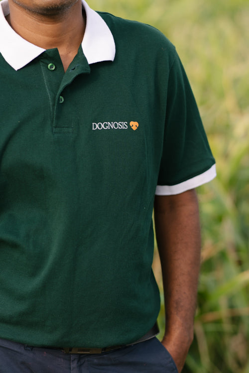 Forest green Dognosis polo shirt with white collar and cuffs
