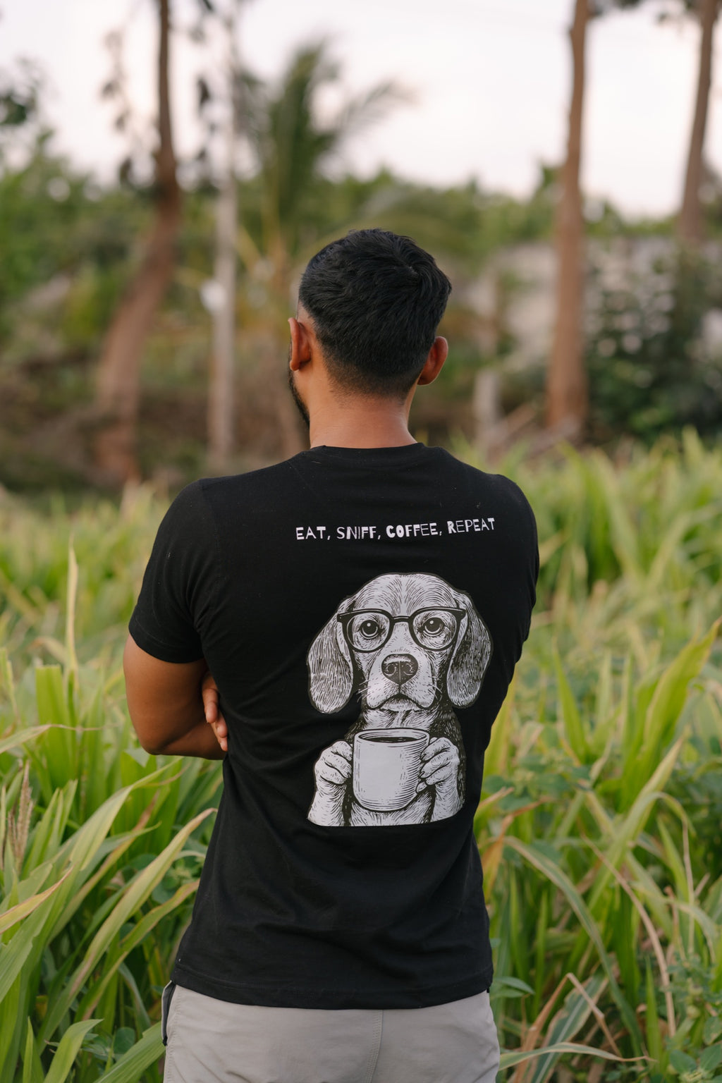 Black tee with Eat Sleep Coffee Repeat beagle back print