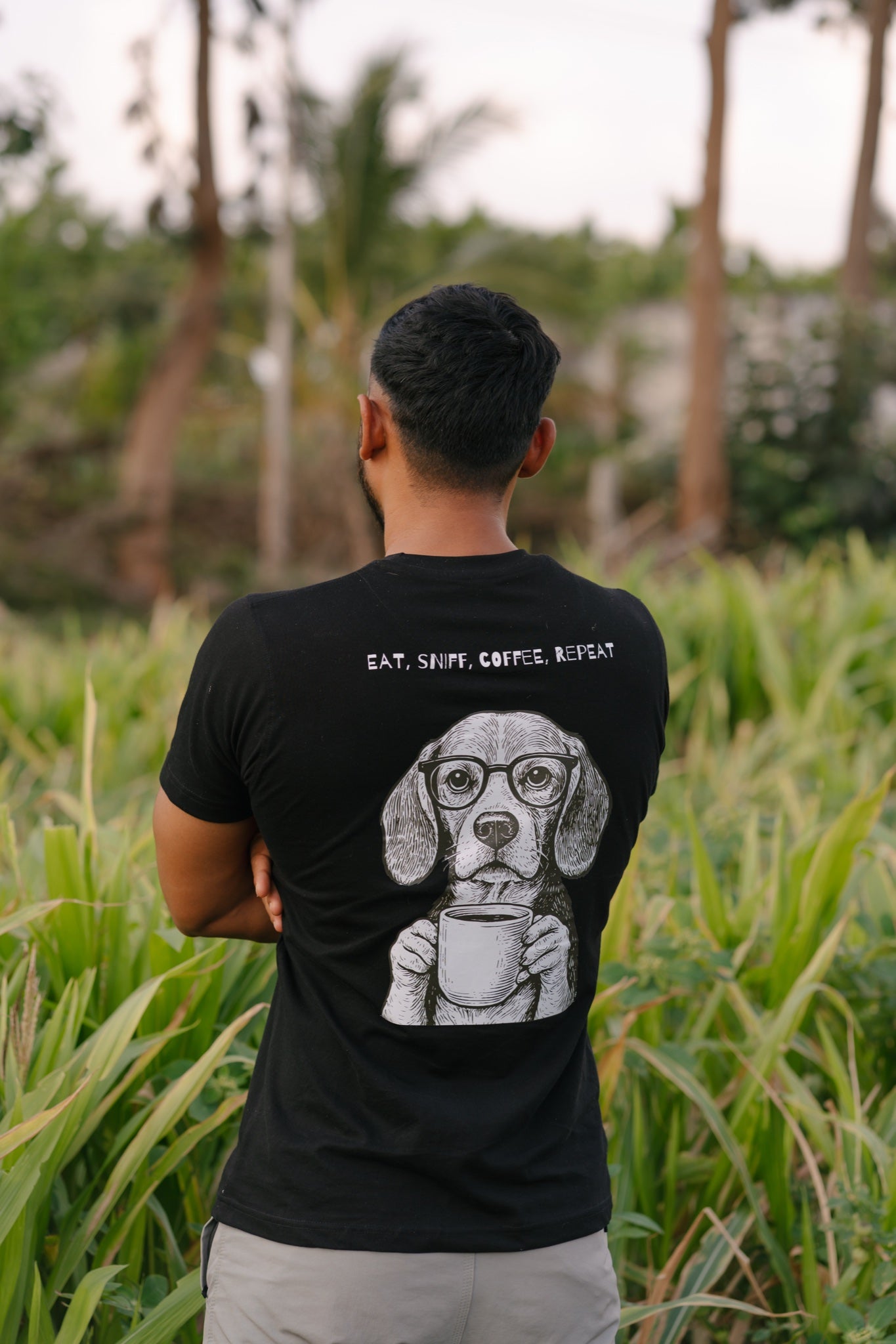 Black tee with Eat Sleep Coffee Repeat beagle back print