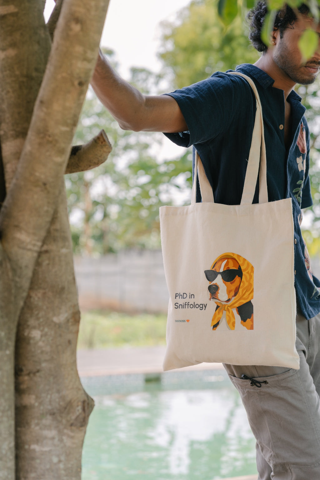 Natural canvas tote bag with PhD in Sniffology dog print