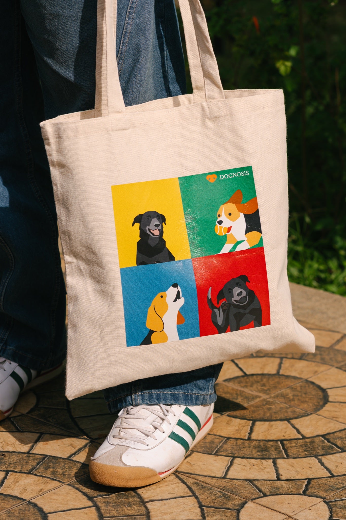 Natural canvas tote bag with four-panel pop-art dog portrait print