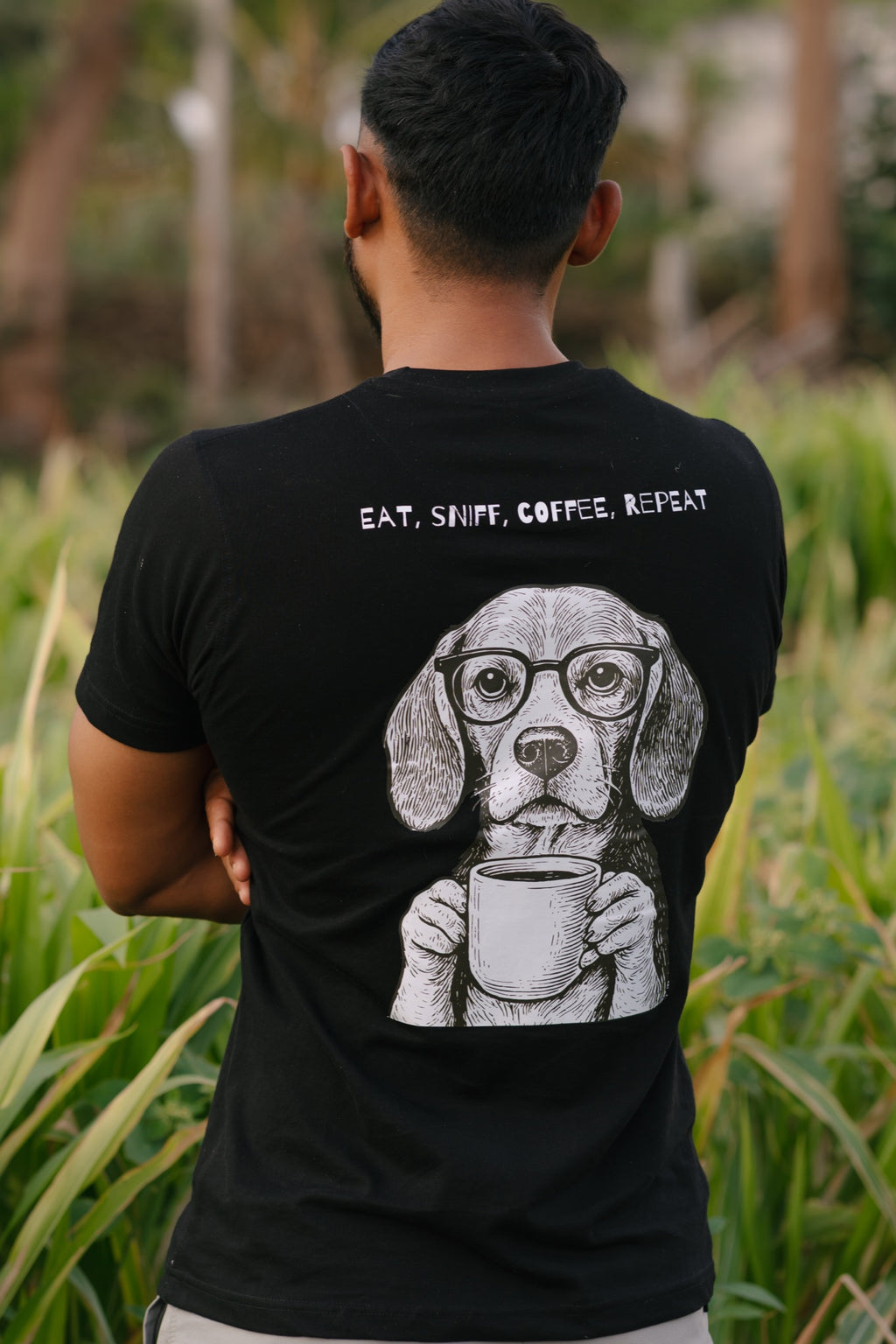 Black tee with Eat Sleep Coffee Repeat beagle back print
