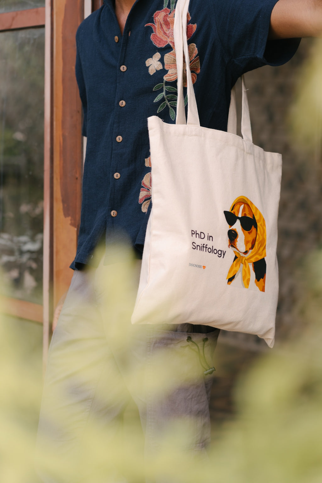 Natural canvas tote bag with PhD in Sniffology dog print