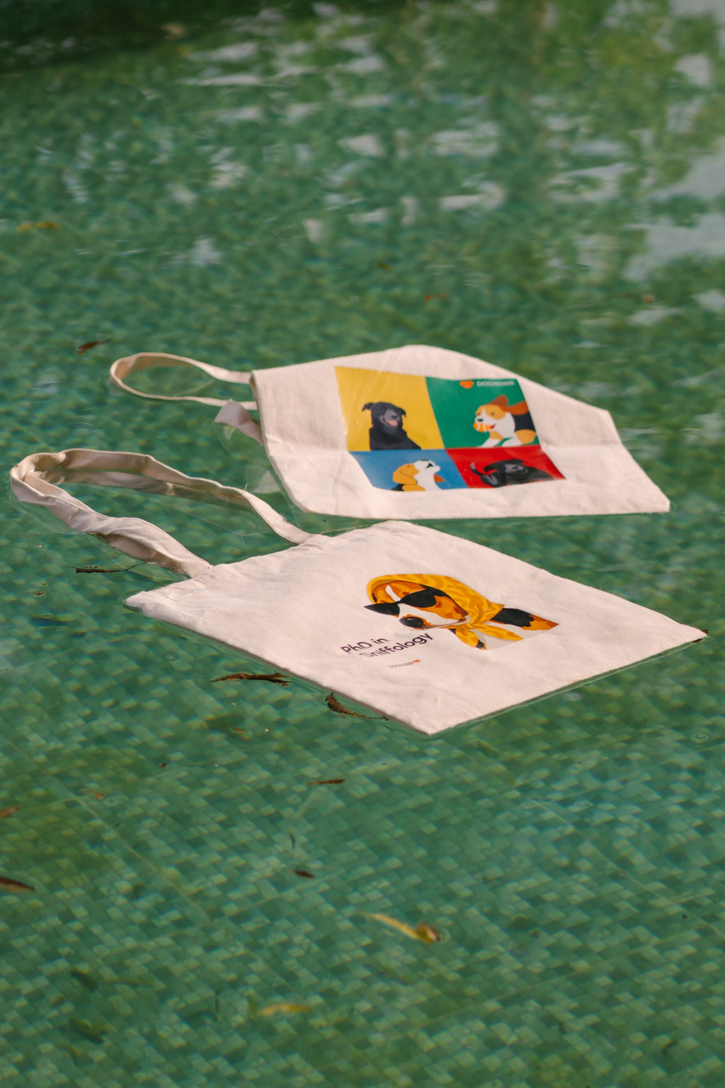 Natural canvas tote bag with four-panel pop-art dog portrait print