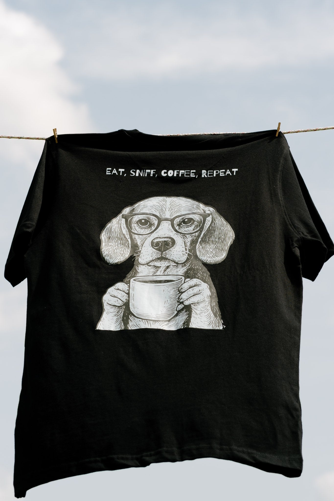 Black tee with Eat Sleep Coffee Repeat beagle back print